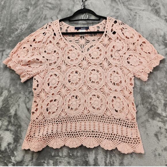 Denim 24/7 Top Womens M Pink Crochet Open Knit V-Neck Short Sleeve Pullover Boho - Picture 1 of 7